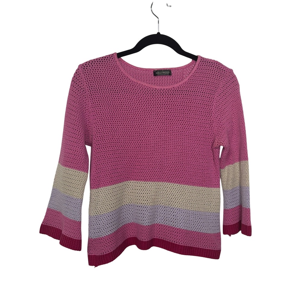Y2K Hollywood The Jean People Pink Crochet Knit Striped Bell Sleeve Sweater‎ Top